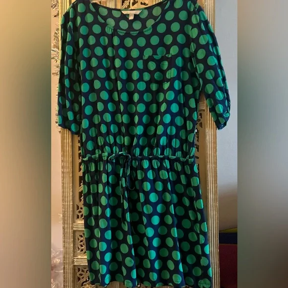 Blue Green Polka dot Banana Republic drop waist dress 3/4 sleeves Spring Casual - Picture 5 of 11
